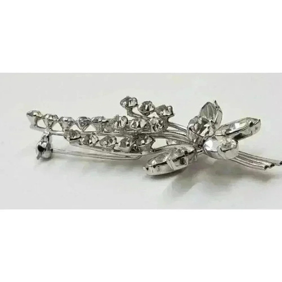 Vintage Clear Rhinestone Brooch Austria Long Stem Flower Spray Tall Layers - Picture 13 of 14